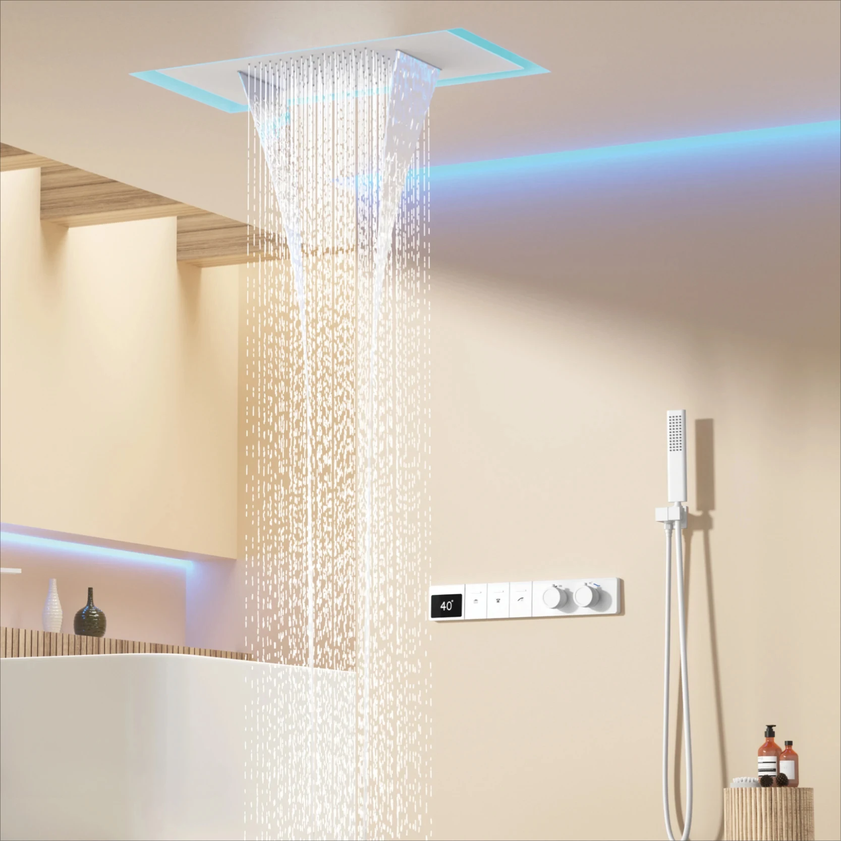 Intelligent digital display luxury white brass shower system with hidden design Dual control of hot & cold Wall mounted faucet