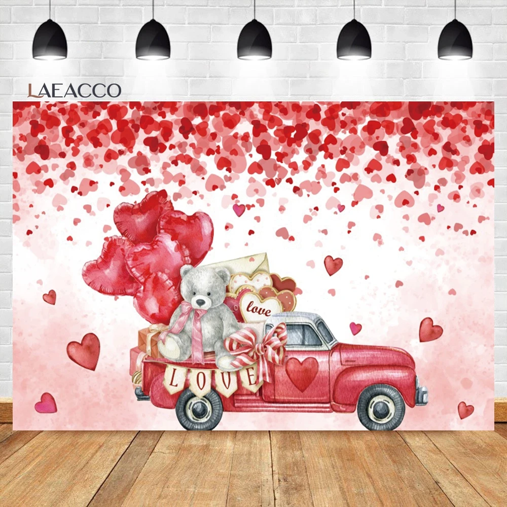 

Laeacco Valentine's Day Baby Shower Backdrop Pink Florals Bear Love Hearts Kids Birthday Portrait Custom Photography Background