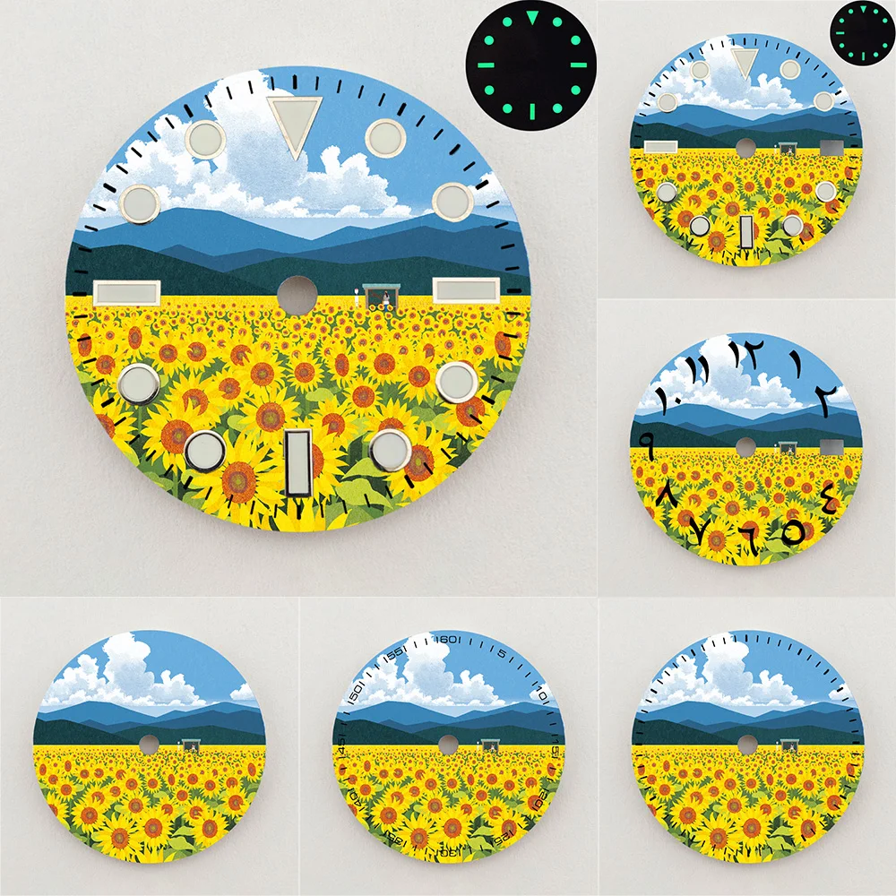 28.5mm NH35 Dial Sunflower Mountain Scenery Dial Green Luminous Dial Color NH36 Dial Watch Accessories Fits NH35/NH36 Movement