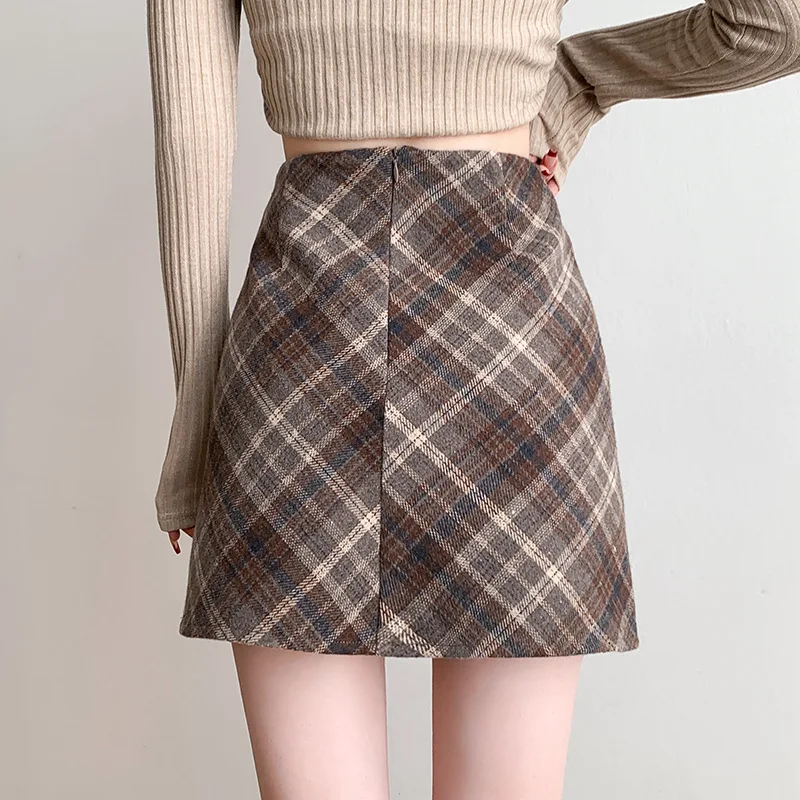 Falda de tubo de lana Vintage a cuadros de cintura alta para mujer 2023 Otoño Invierno Casual ajustado corto Saias Mujer