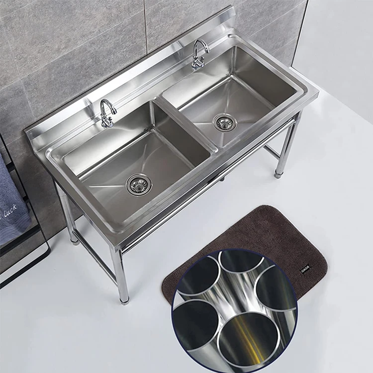 Commercial Outdoor Stainless Steel Freestanding Kitchen Garden Sink Double Bowl With Drainer Without Faucet for Restaurants