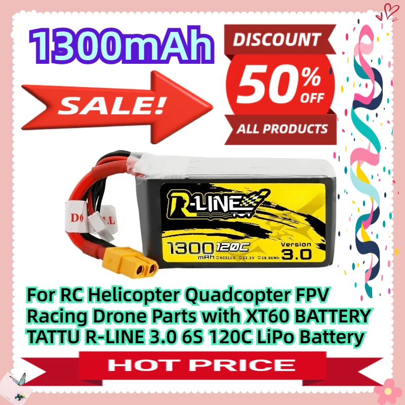 

For RC Helicopter Quadcopter FPV Racing Drone Parts with XT60 22.2V BATTERY TATTU R-LINE 3.0 6S 22.2V 1300mAh 120C LiPo Battery