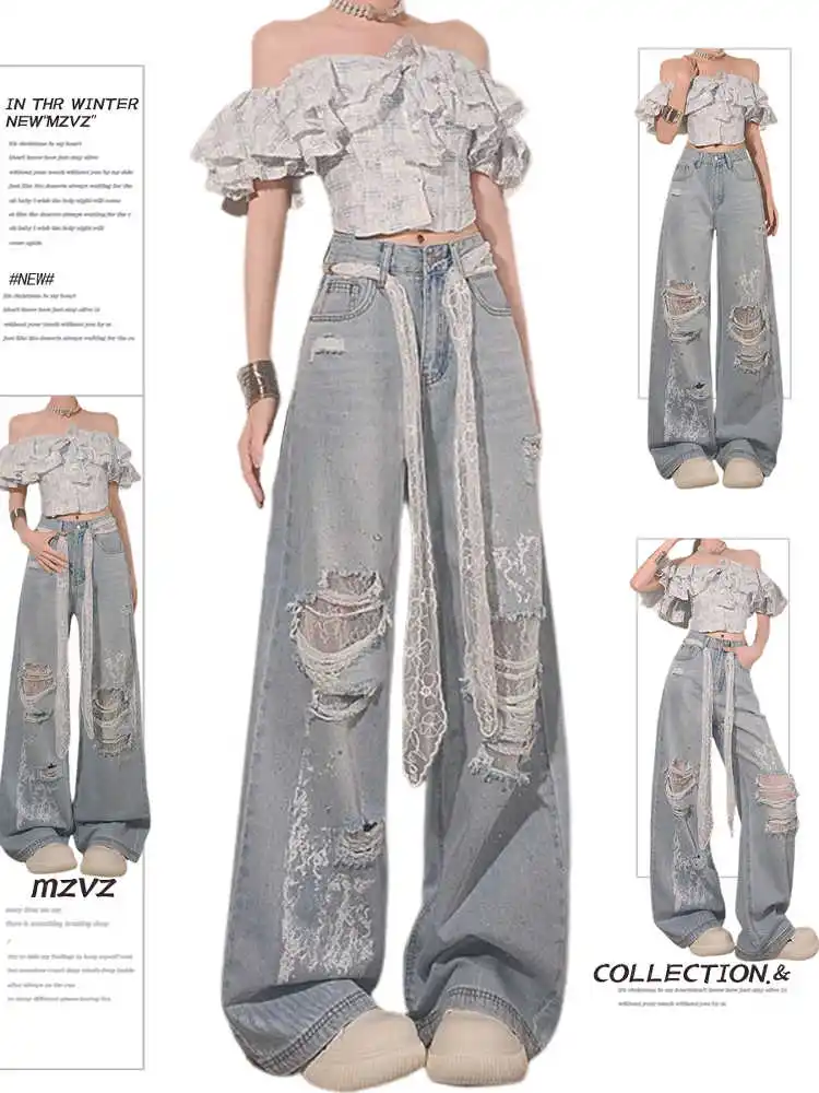 

Women Blue Y2k Baggy Ripped Jeans Harajuku Japanese 2000s Style Lace Patchwork Denim Trouser Vintage Oversize Jean Pants Clothes
