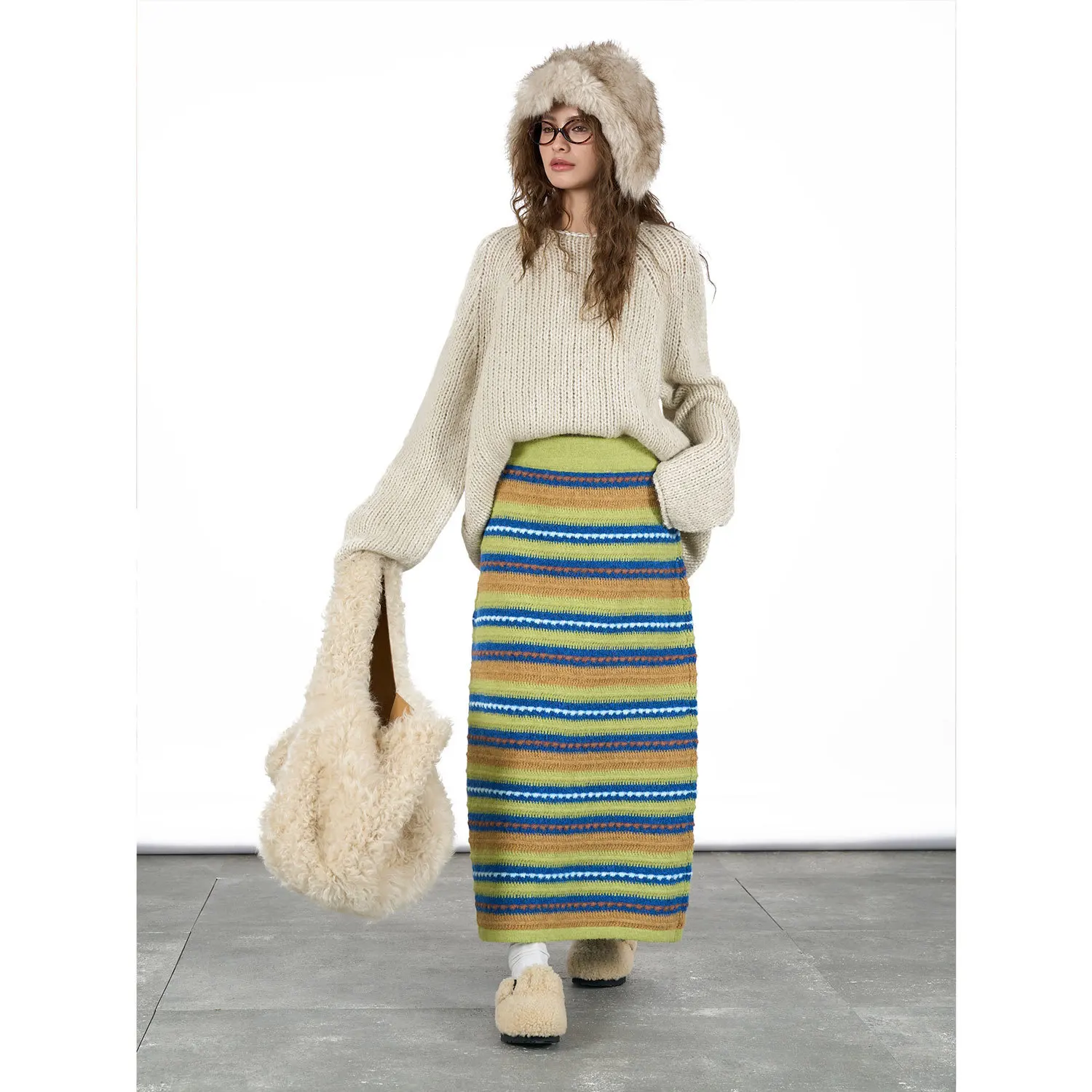 Wool Striped Half Length Knit Skirt Autumn/winter Warm A-line Long Skirts For Women