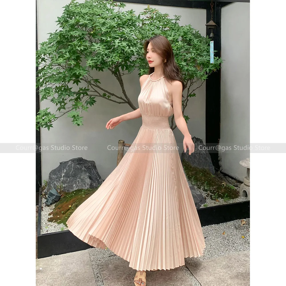 

Pink satin halter neck dress for women summer French temperament long skirt waist pleated skirt irregular a-line skirt