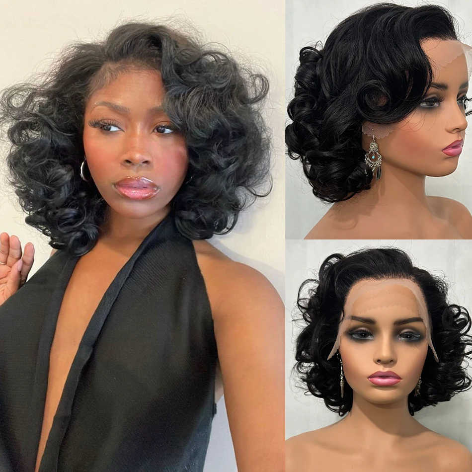 

100% Burmese Human Hair Wear And Go Curly Lace Frontal Wigs 250 Density Short Bouncy Body Wave Glueless HD 13X4 Lace Front Wigs