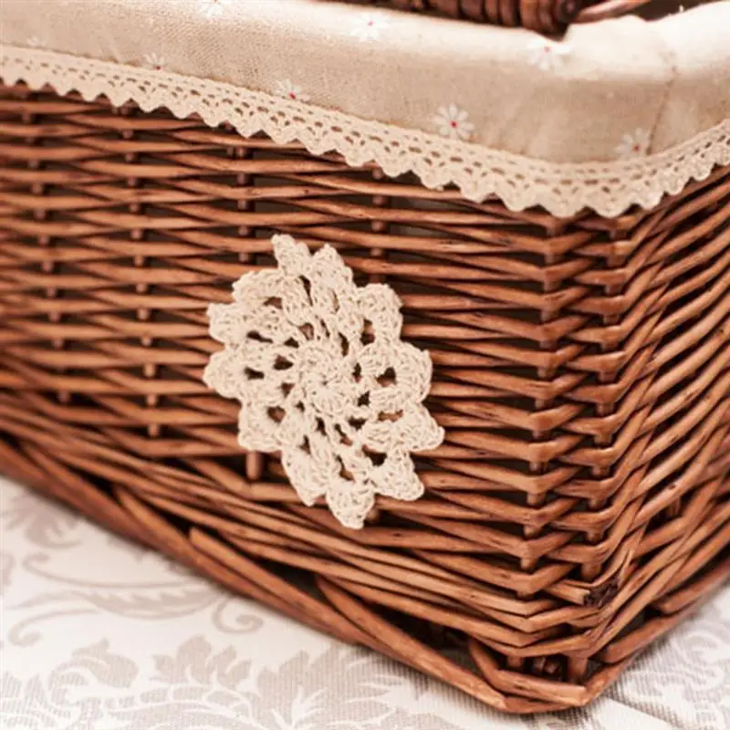 Wicker Basket Rectangular Woven Basket With Lid Countertop Storage Baskets Organizer Rattan Woven Basket Storage Container