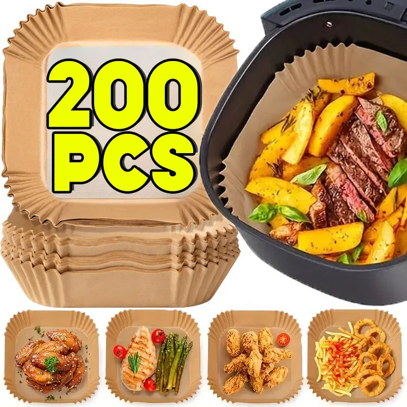 50/200PCS Kitchens Accessories Air Fryer Paper Kitchen Utensils Disposable Square Round Pastry Molds BBQ Plate Non-stick Pad