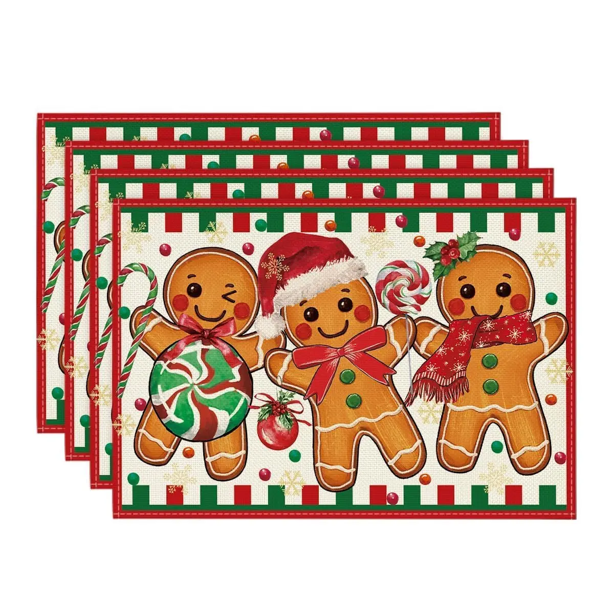 

Gingerbread Candy Cane Christmas Placemats Set of 4, 12x18 Inch Seasonal Table Mats for Party Kitchen Dining Decoration