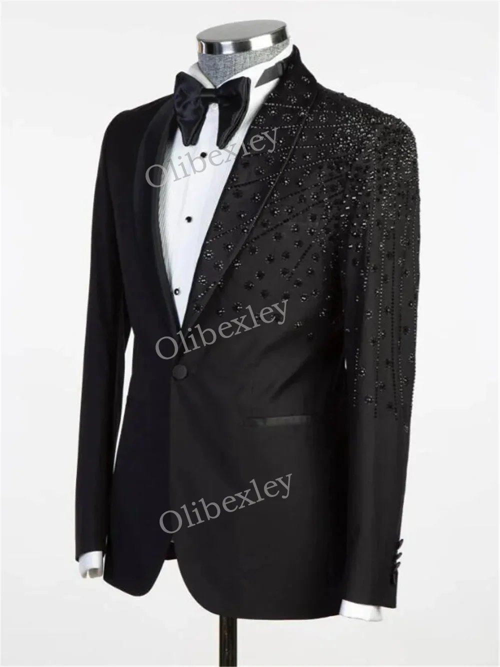 Olibexley Herren-Anzug, hochwertig, 2-teilig, Schmuckdekoration, ein Knopf, schmale Passform, formelle Party-Abschlussball-Anzüge für Hochzeit, Bräutigam