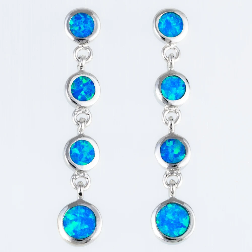 KONGMOON 4 Round Ocean Blue Fire Opal Jewelry for Women Piercing Drop Earrings