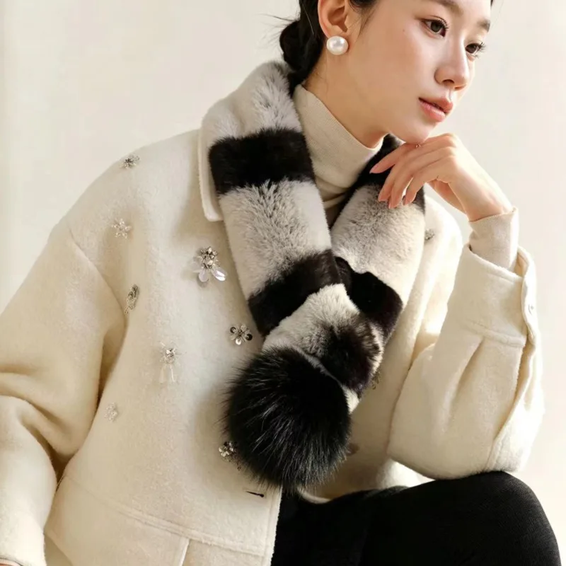 

Real Rex Rabbit Fur Scarf Winter Warm Thickened fur Scarf With Fur Ball Fluffy Knitted Natural Fur Scarves Female Fur Scarves