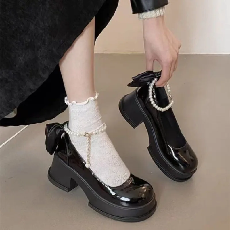 Neue Herbst-Damenschuhe mit Perlen und Schleife, Mary Jane Casual-Schuhe, Mädchen-Schuhe mit Dicker Sohle und Blockabsatz, Weiche Loafer, Damen-Riemchen-Loafer, Freizeitschuhe