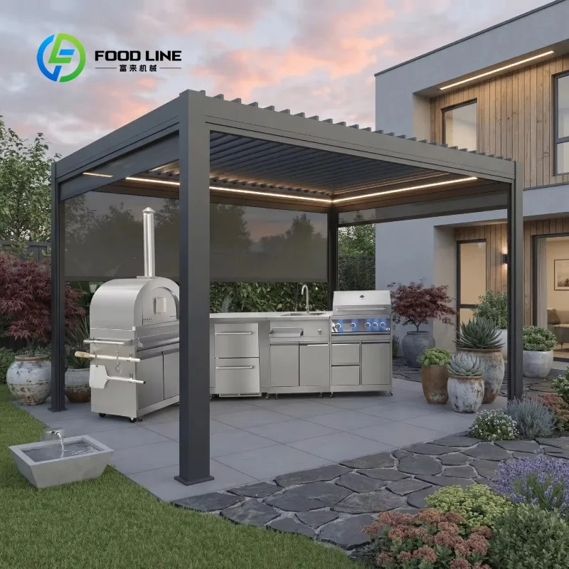 Customized 2026 New Stainless Steel Outdoor Kitchen Cabinets with Gas Grill Pizza Oven Fridge,Electric Louvered Pavilion