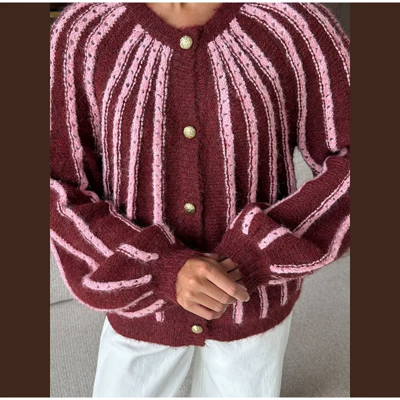 Damen-Strickwaren, gestreift, mit einzelnen Knopfleisten, gestrickte Strickjacke, Herbst, Damen, Rundhalsausschnitt, lange Ärmel, lockere Strickjacken, neue Streetwear – Detail 7