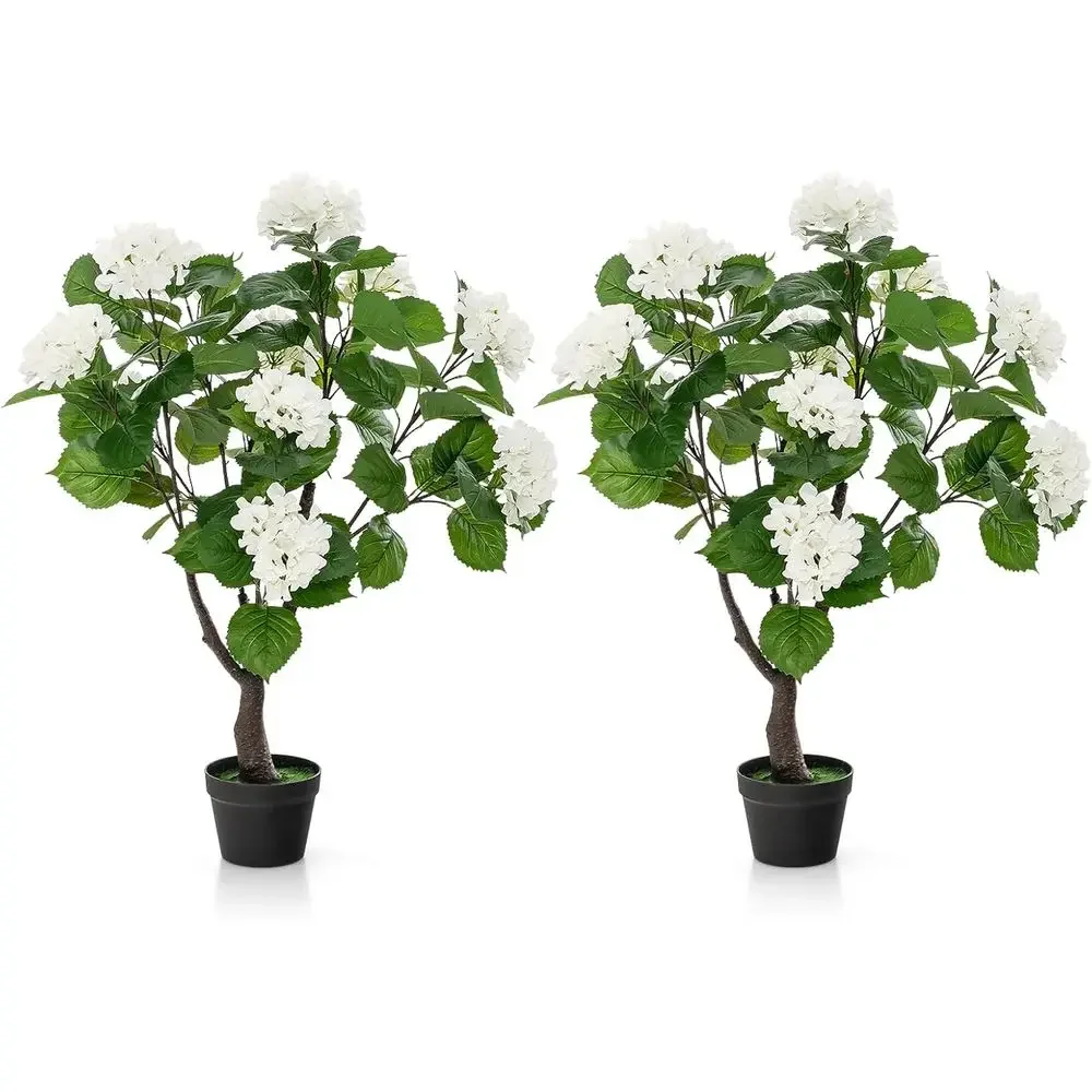 

Set of 2 Artificial Hydrangea Trees with 11 White Flowers and Realistic Trunks in Plastic Pots for Indoor Décor
