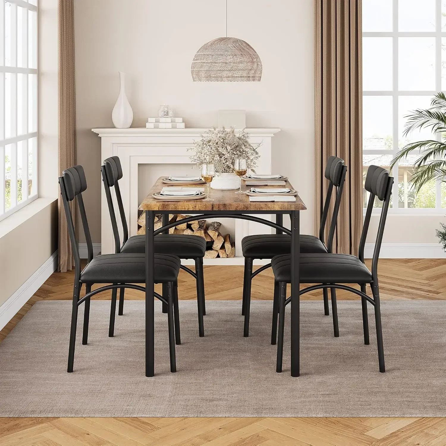 Kitchen Table and Chairs, Dining Room Table Set for 4 with Upholstered Chairs, Metal and Wood Rectangular Dining Table