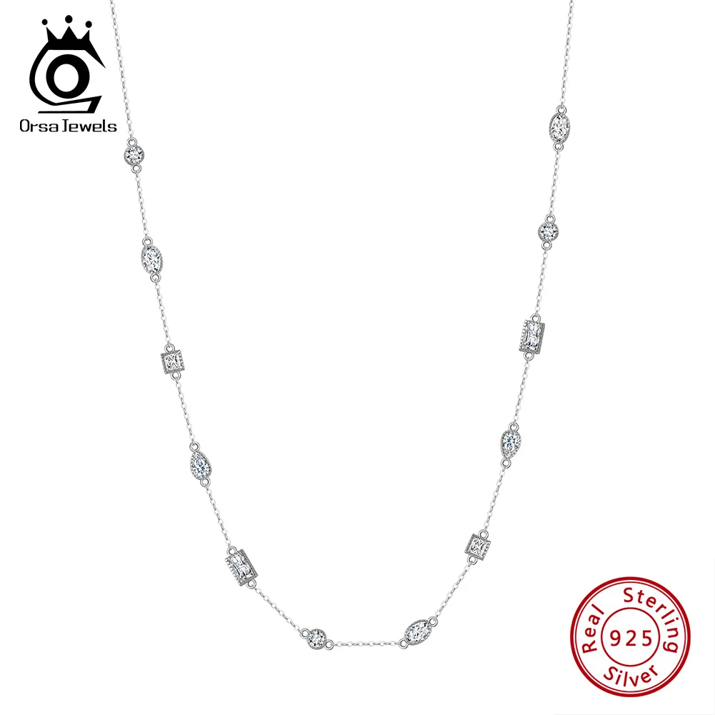 

ORSA JEWELS Genuine 925 Sterling Silver 5A Clear CZ Necklace Geometric Cut Choker Necklace Simple Neck Chain Fine Jewelry BQN02