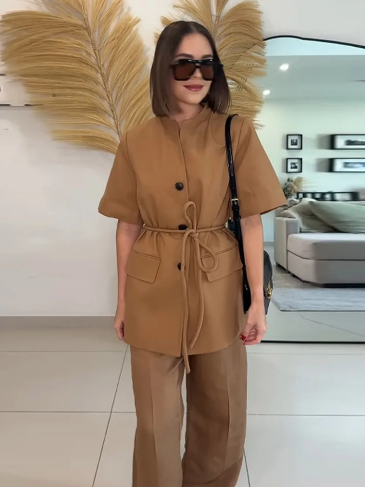 

Vintage Single Breasted Women 's Coats Loose V-neck Short Sleeve Lace Up Pockets Female Jackets 2025 Summer New Lady Streetwears
