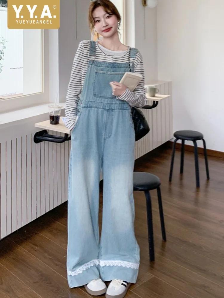 

New Designer Women Casual Denim Overalls Lace Spliced Wide Leg Pants Loose Fit Jumpsuit Streetwear Jeans Suspenders Bib Rompers