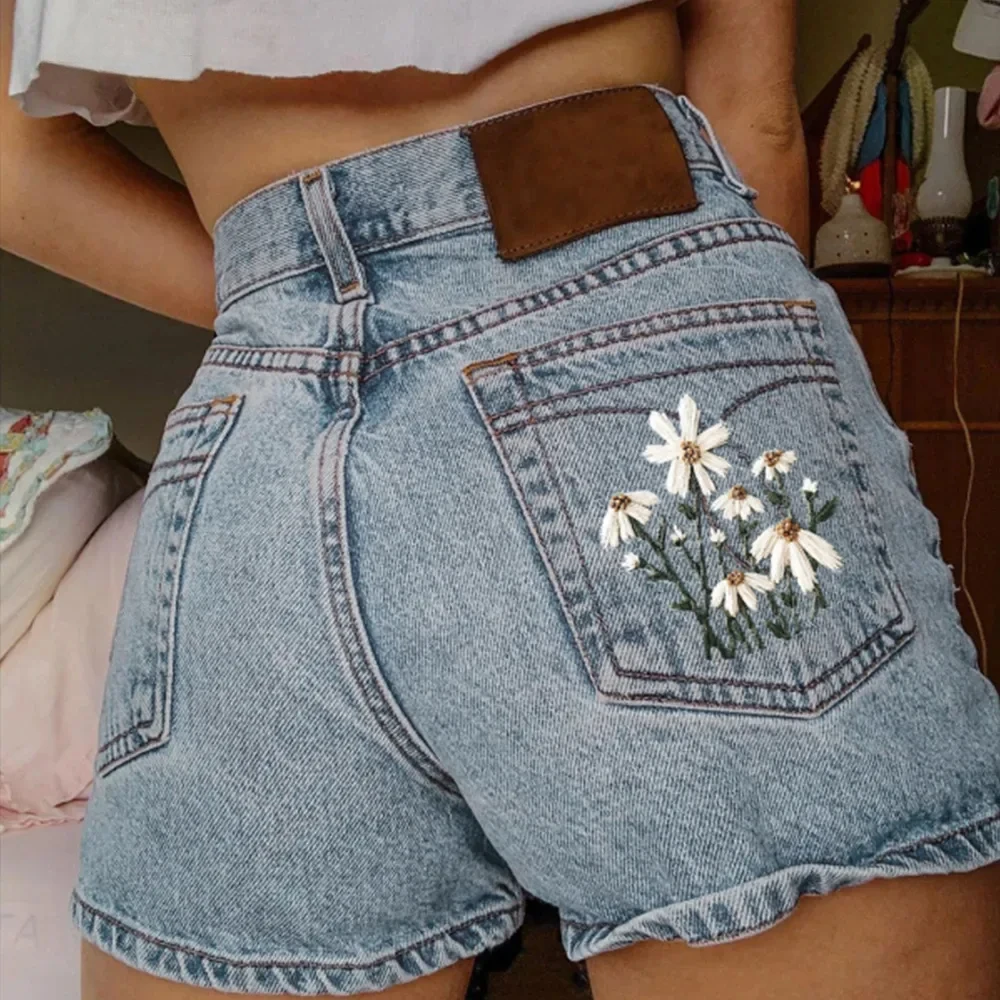 Short Pants Women Jeans Shorts Denim Pant Trousers Embroidery Floral High Waist Casual Regular Pockets Elegant Splice Autumn