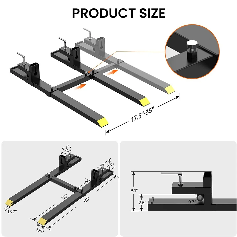 60" Clamp on Pallet Forks,4000Lbs Heavy Duty Fork Rack with Adjustable Stabilizer Bar for Loader Bucket Skidsteer Tractor