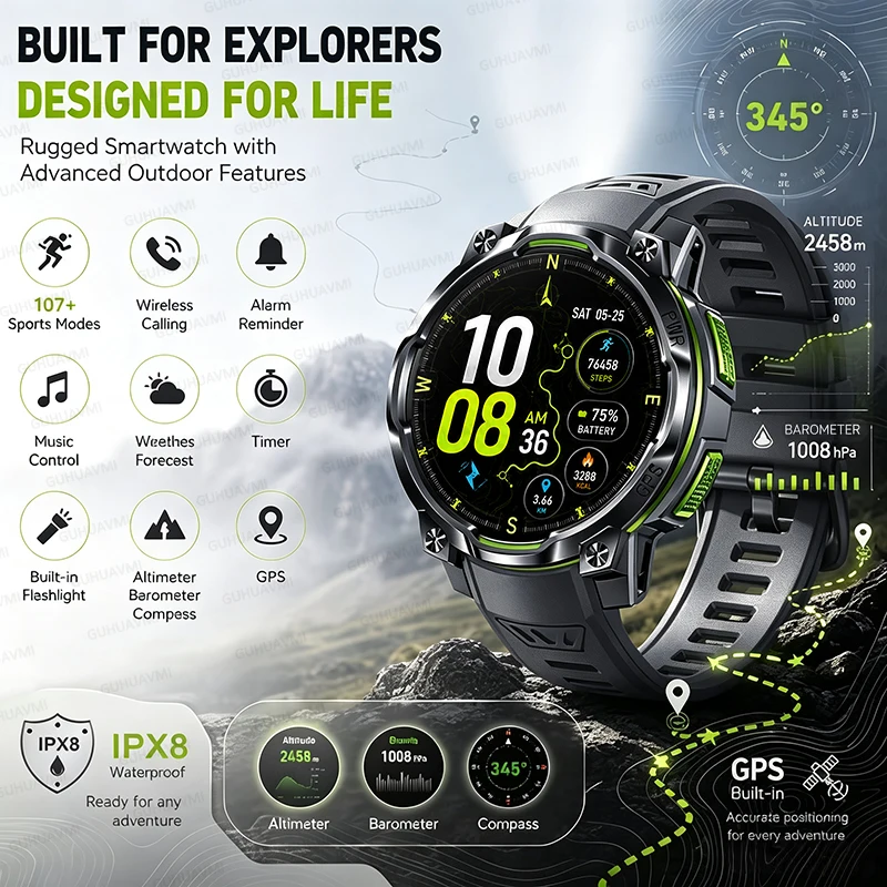 2026 New Military GPS Smart Watch 1200mAh Battery Outdoor Offline Map Compass IPX8 Waterproof LED Flashlight Sports Tracke Watch