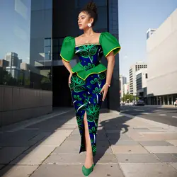 Africa Ankara Printed Women's Dress Short Sleeve Patchwork Square Neck Bubble Sleeve Split Dresses 2425186
