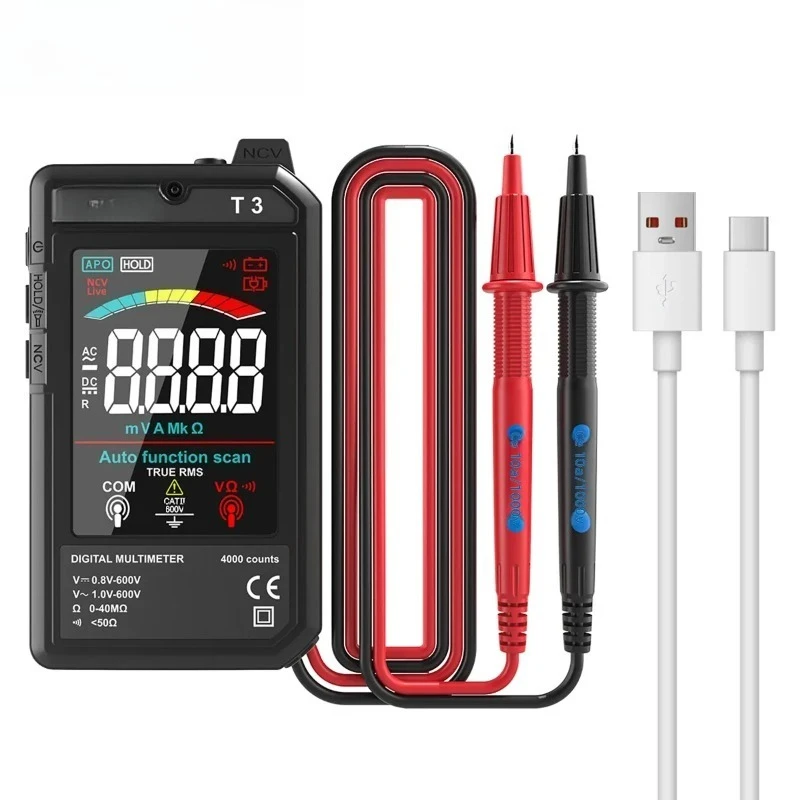 T3 Smart Digital Multimeter Type-c Charging Auto-Ranging 4000 Counts Ultra-thin NCV Live Wire Color Display Multimeter Tool