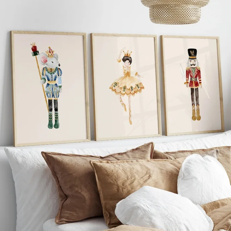 3pcs frameless Canvas Painting 3pcs Nutcracker Christmas Wall Art Mouse King Ballerina Soldier Xmas Print, Festive Holiday Home