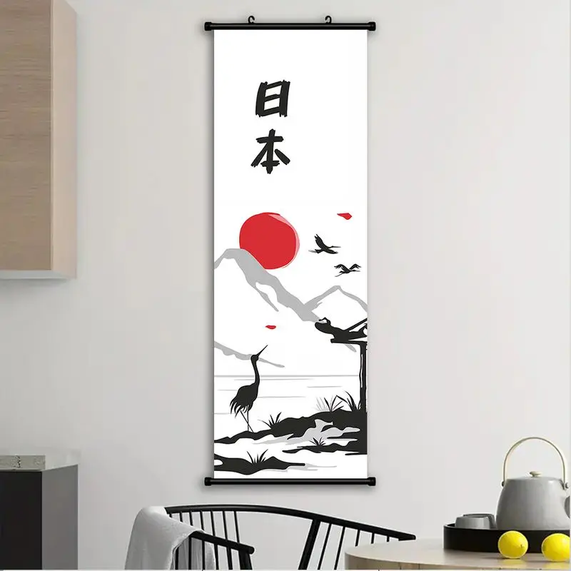 VIKAMA Japanese Ink Mountain Hanging Scroll Tapestry Crane Rising Sun Poster Vertical Wall Art for Bedroom Living Asian Decor