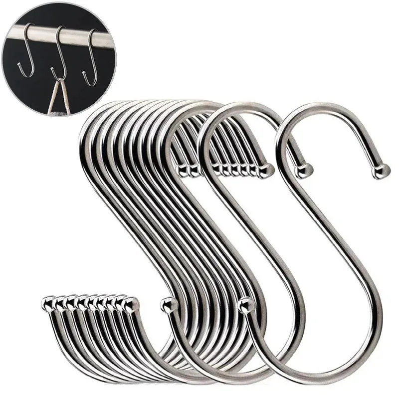 10/20pcs Stainless Steel S Hooks with Sharp Tip Utensil Meat Clothes Hanger Hanging Hooks for Butcher Shop Kitchen Baking Tools
