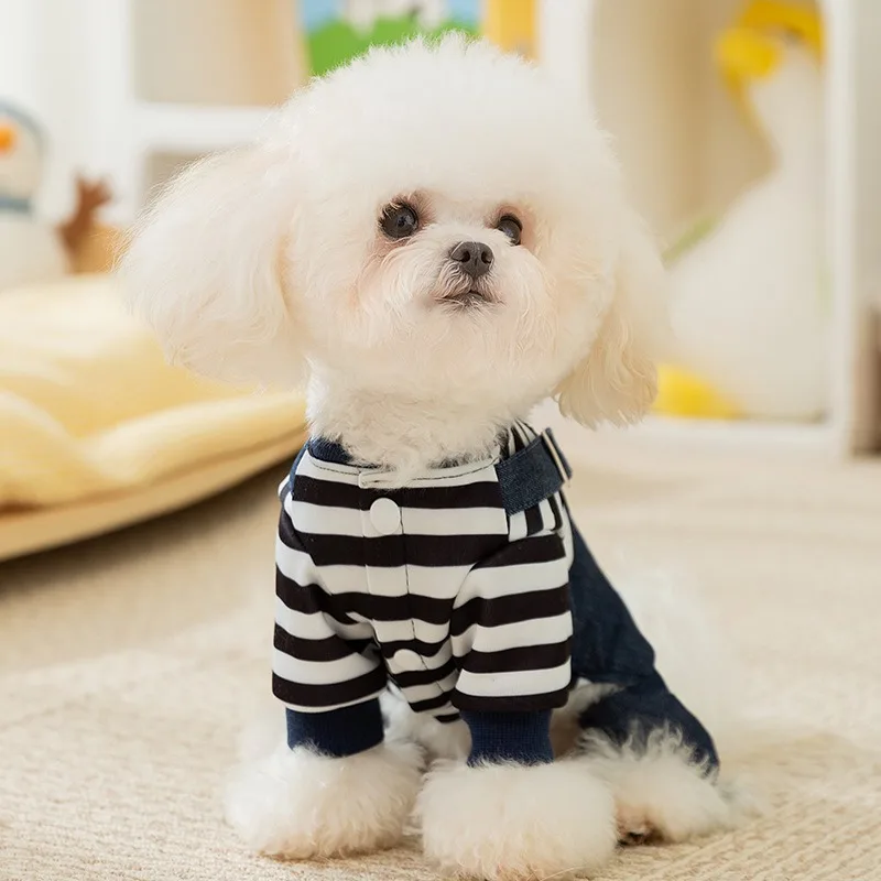 Fashion Pet Denim Bib Pants Autumn and Winter Dog Clothing Teddy Biker Four Legged Clothes Puppy Jacket Striped Clothes