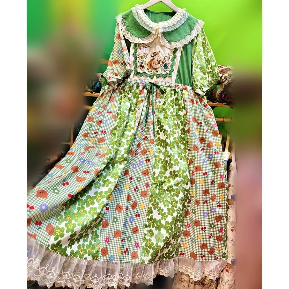 

Female Summer Cotton Patchwork Lace Vintage Cute Long Dress Vintage Retro Kawaii Mori Girl Cottage Core Goblincore Midi Dress