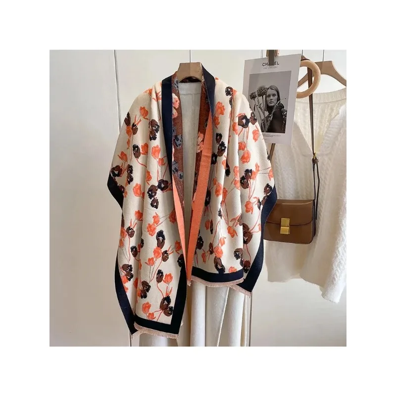 

New rose print imitation cashmere scarf for travel, versatile Korean version, student thick and warm scarf
