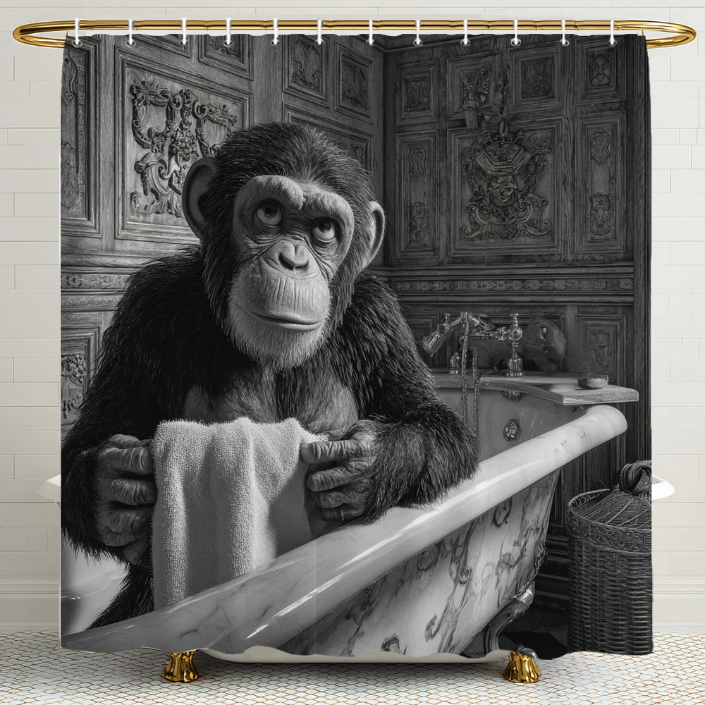 

Funny Monkey Black and White Fun Animals in Bathtub Shower Curtain, Bathroom Decorative Shower Curtain Printed fabric with Hooks