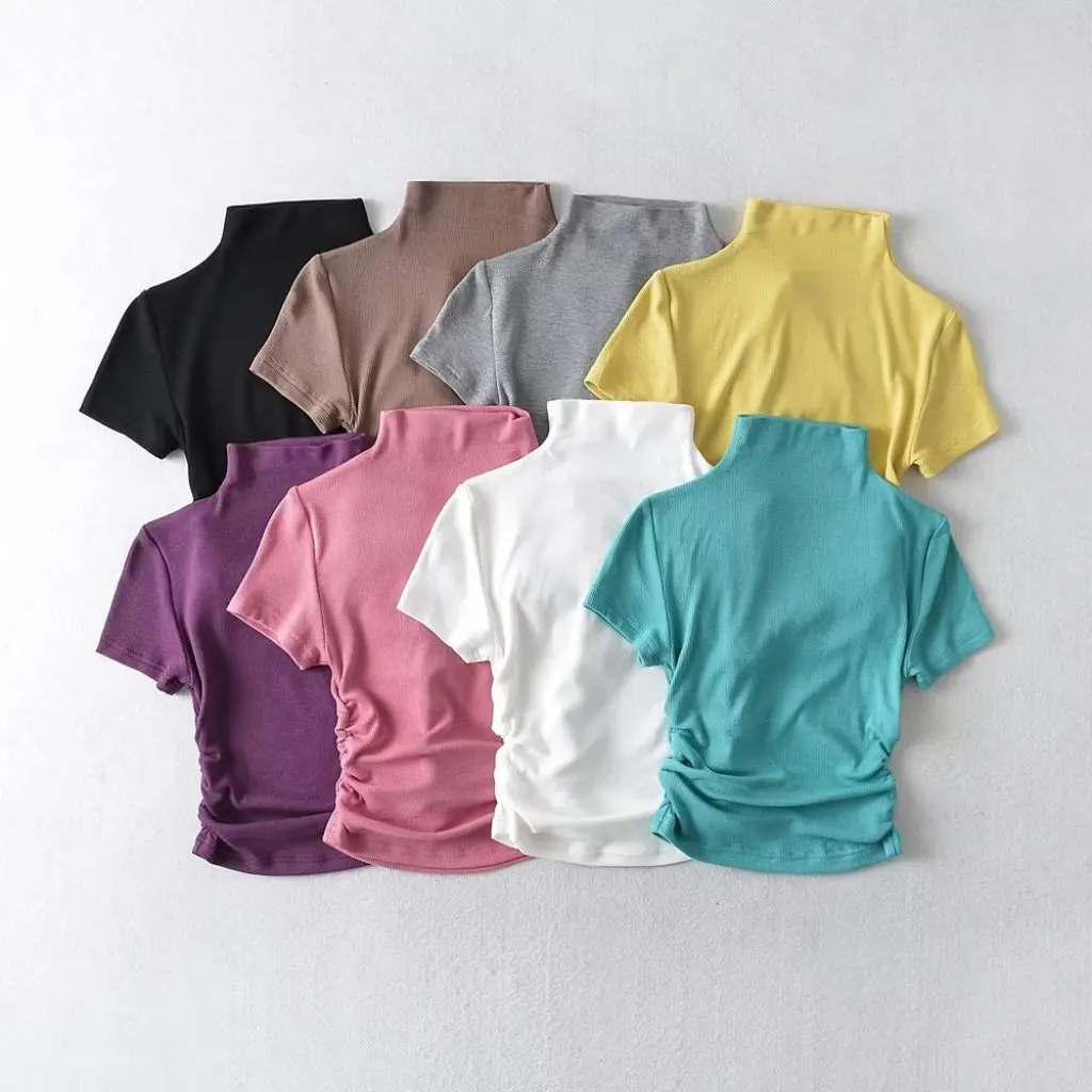 

YPFF Women's Fashion T-shirt Pure Desire Hot Girls Half-high Collar Pleated Short-Sleeved Stretch Top Figure-Looking Tight