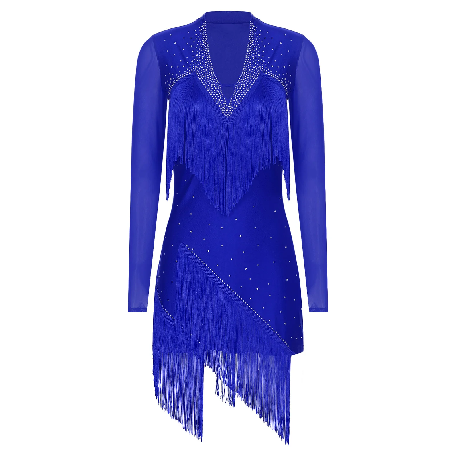 Damen Latin Dance, figurbetontes Kleid, Kostüm, V-Ausschnitt, lange Ärmel, glänzendes Strass-Fransenkleid, Tango, Rumba, Cha-Cha, Bühnenauftritte
