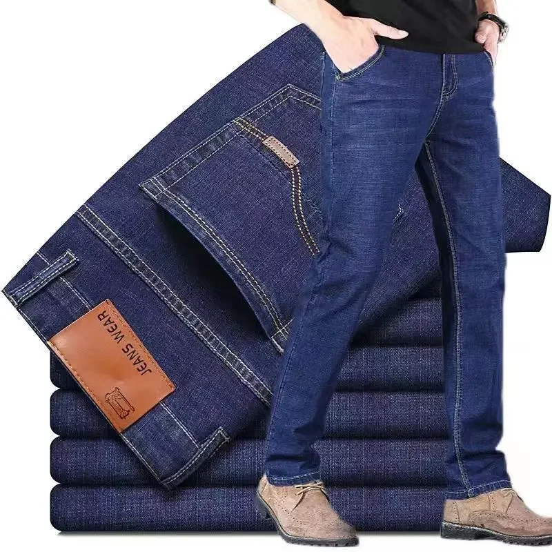 Automne classique hommes ajusté Stretch jean affaires décontracté coton Denim jambe droite pantalon mâle noir bleu pantalon