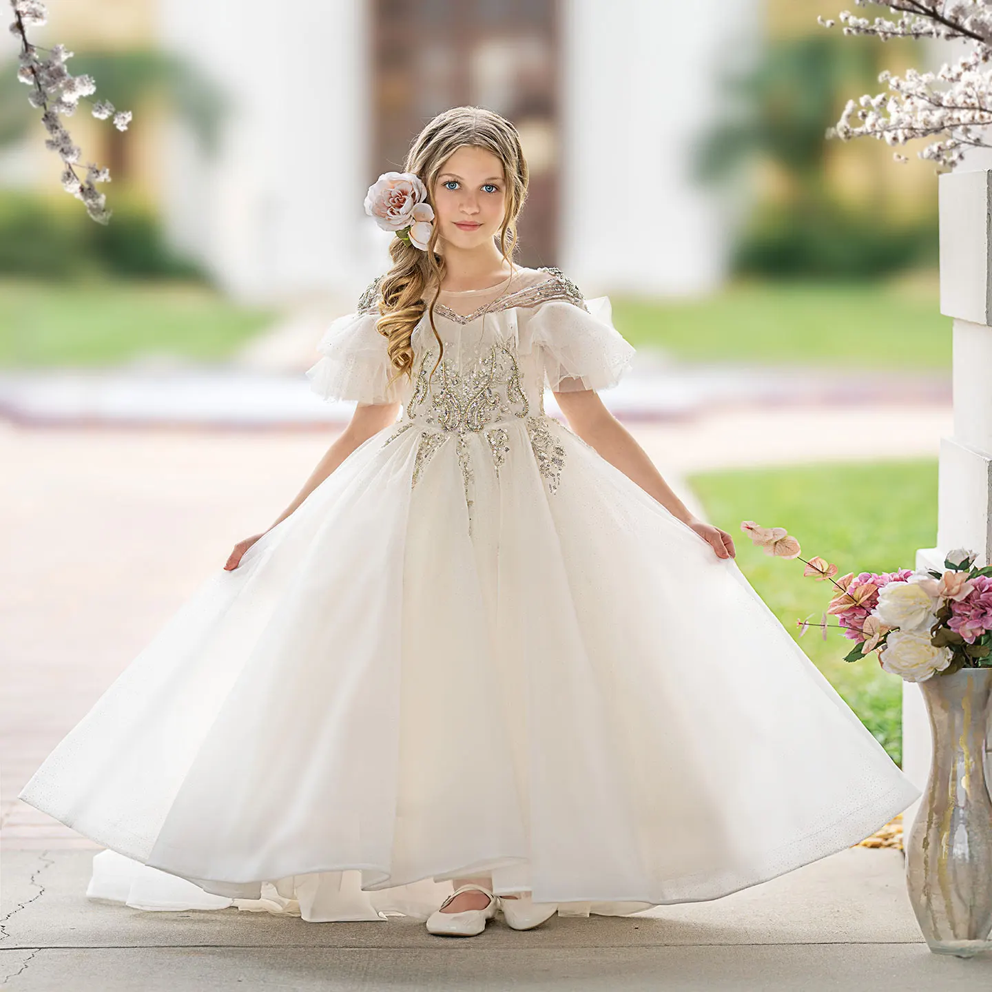 Jill Wish Luxury Arabic Ivory Flower Girl Dress 2025 Pearl Beaded Princess Gown for Kids Wedding Birthday Party Pageant J009