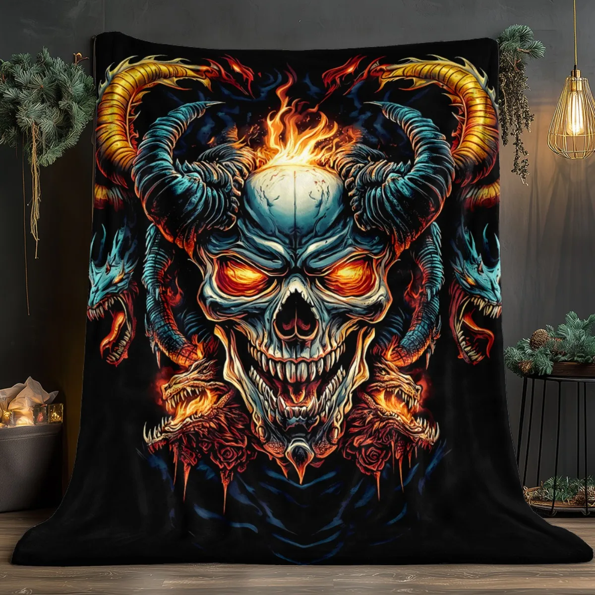 

Череп демона, огонь, готический ужас, флисовое одеяло, темное фэнтезийное художественное покрывало, мягкое фланелевое покрывало, тяжелый уютный домашний декор