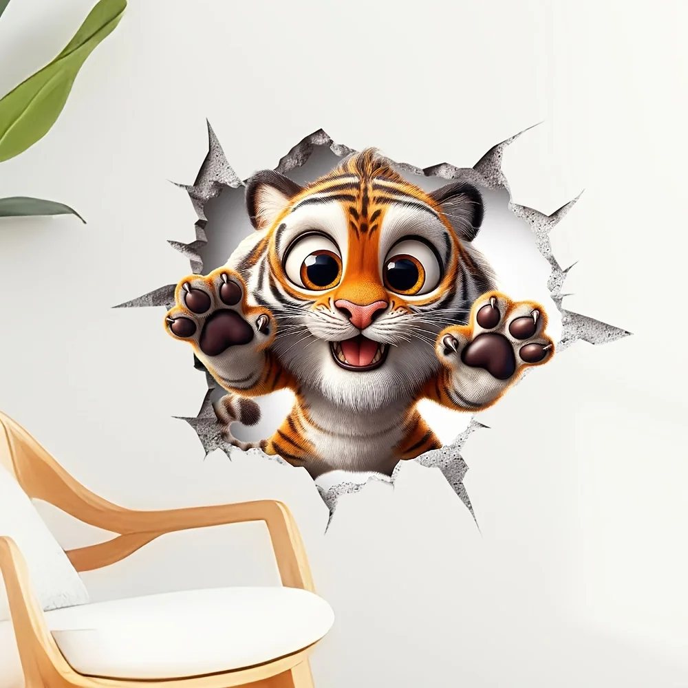 1pc Cute Tiger Breaking Wall Window Sticker, Self-Adhesive Decorative Sticker, Suitable for Windows, Doors, Bedroom, Living Room