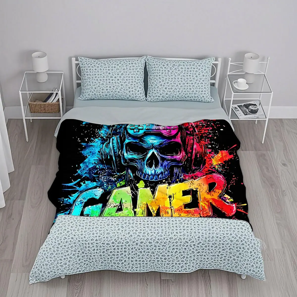 A Gaming-Themed Skull Blanket with Colorful Splatter Graffiti Design, Made of Soft And Warm Flannel Material, Perfect for Use in