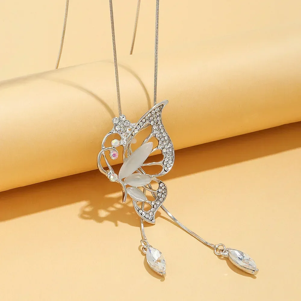 New Fashion Opal Crystal Butterfly Wings Long Necklaces & Pendants For Women Simple Elegant Trendy Jewelry Sweater Chain