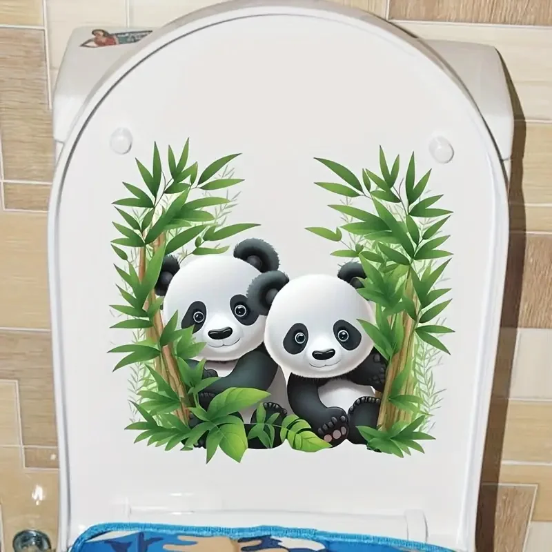 Two Cute Bamboo Forest Panda Toilet Stickers, Bright Bathroom for Home Decoration, Vinyl Car Decals, Art Wall Paper, Poster