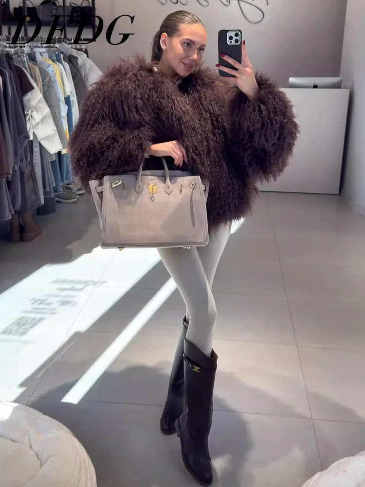 DFDG 2025 Women’s Spring Autumn Faux Fur Jacket Short Tan Lamb Cardigan Minimalist Casual Pile Coat Streetwear Warm Front Coat