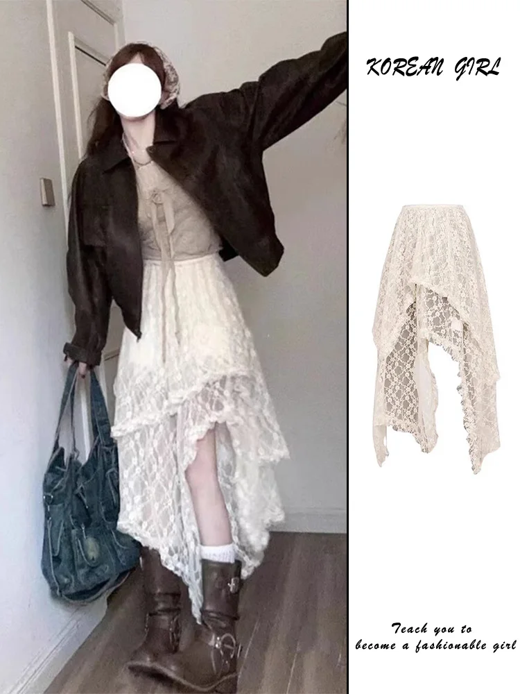 Spicy Girl Lace Overlap Irregular Half Skirt Women's Spring Autumn New Design Net Curtain Apron Mid-Length Skirt