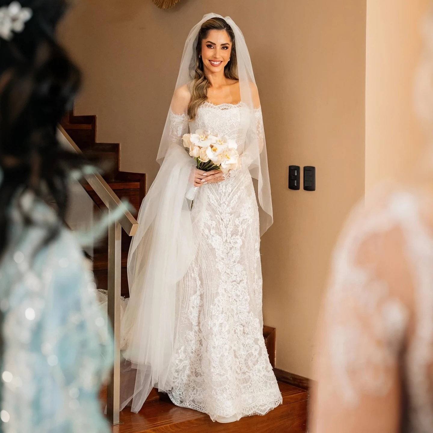 Sharon Said 2026 Luxury Off Shoulder Pearl Beaded Lace Wedding Dress Long Sleeves with Veil Mermaid Bride Gown SW673 Customized