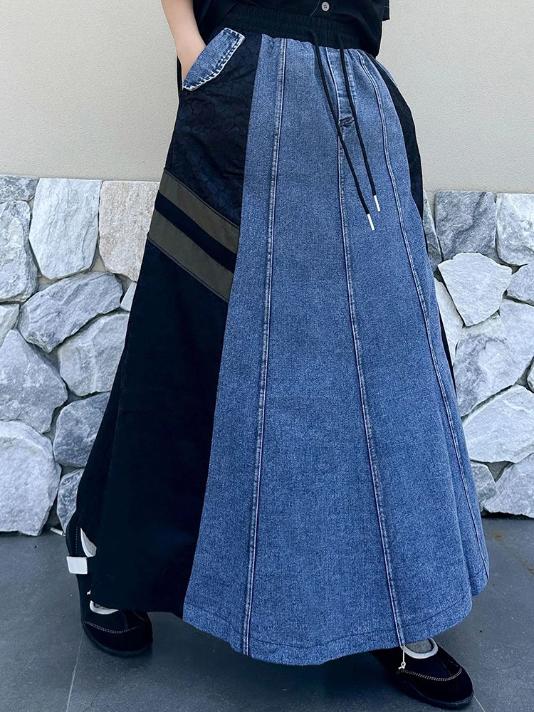 YERMORA High Elastic Waist Black Spliced Denim Drawstring Half Body Skirt For Women Loose Fashion Tide Spring Summer 2026 New