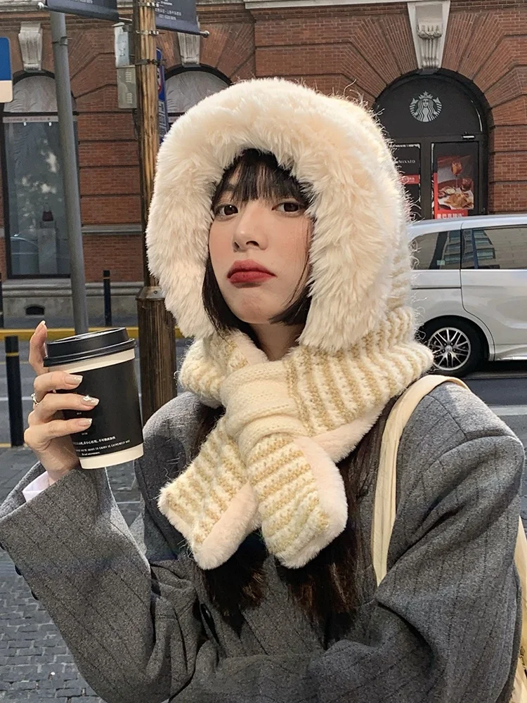 Thickened Autumn Winter Lamb Fur Ear Protector Hat Scarf  Women's Winter Cycling Windproof Warm Neck Warmer Scarf